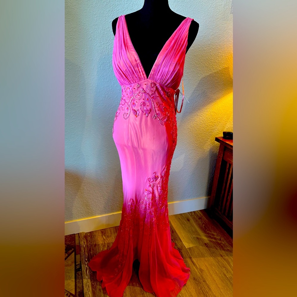 Scala iridescent , Jeweled Pink Mermaid Embellished Evening Gown Dress - NEW!